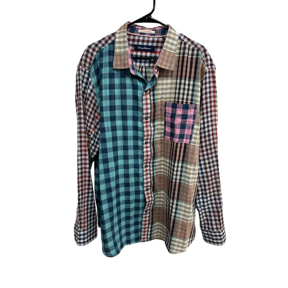Tommy Bahama Carnival Mixer Patchwork Plaid Button Front Shirt Sz XXL Preppy